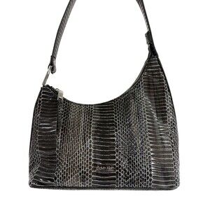 Calvin Klein Holly Black Croco Asymmetrical Shoulder Bag Purse Zip Closure